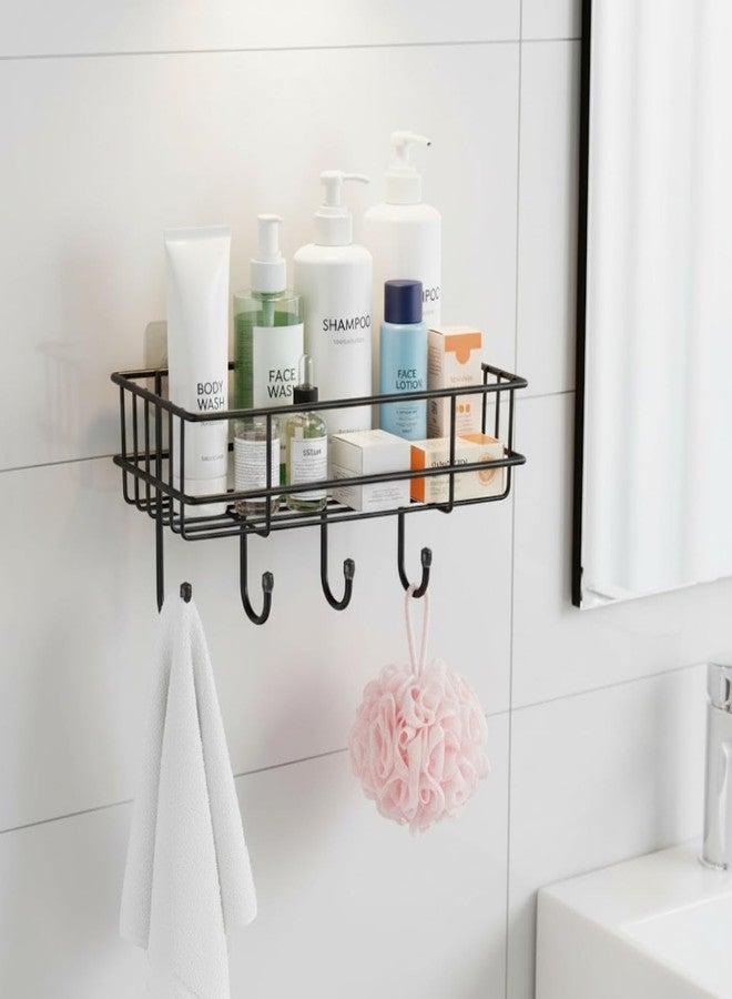Well Set Self-Adhesive Multipurpose Bathroom Shelf with Hooks/Towel Holder/Rack/Bathroom Accessories-Wall Mount - Pack of 1 (Black,Powder Coated) - Image 1